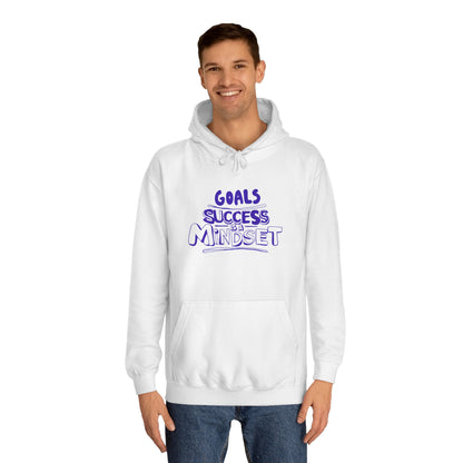 Person wearing a white hoodie with text on a white background