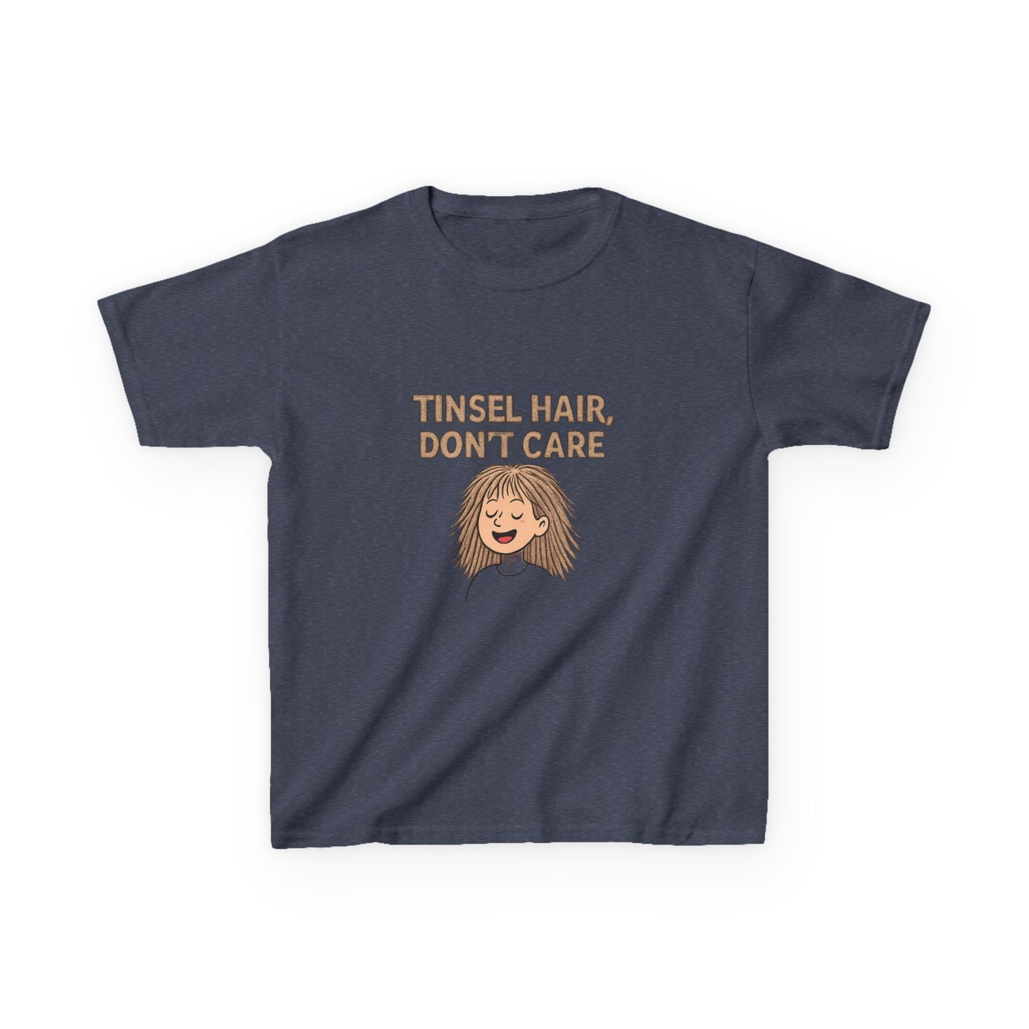Navy blue t-shirt with 'Tinsel Hair, Don't Care' text and graphic on a white background