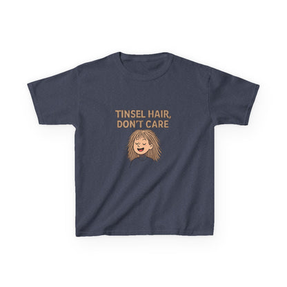 Navy blue t-shirt with 'Tinsel Hair, Don't Care' text and graphic on a white background