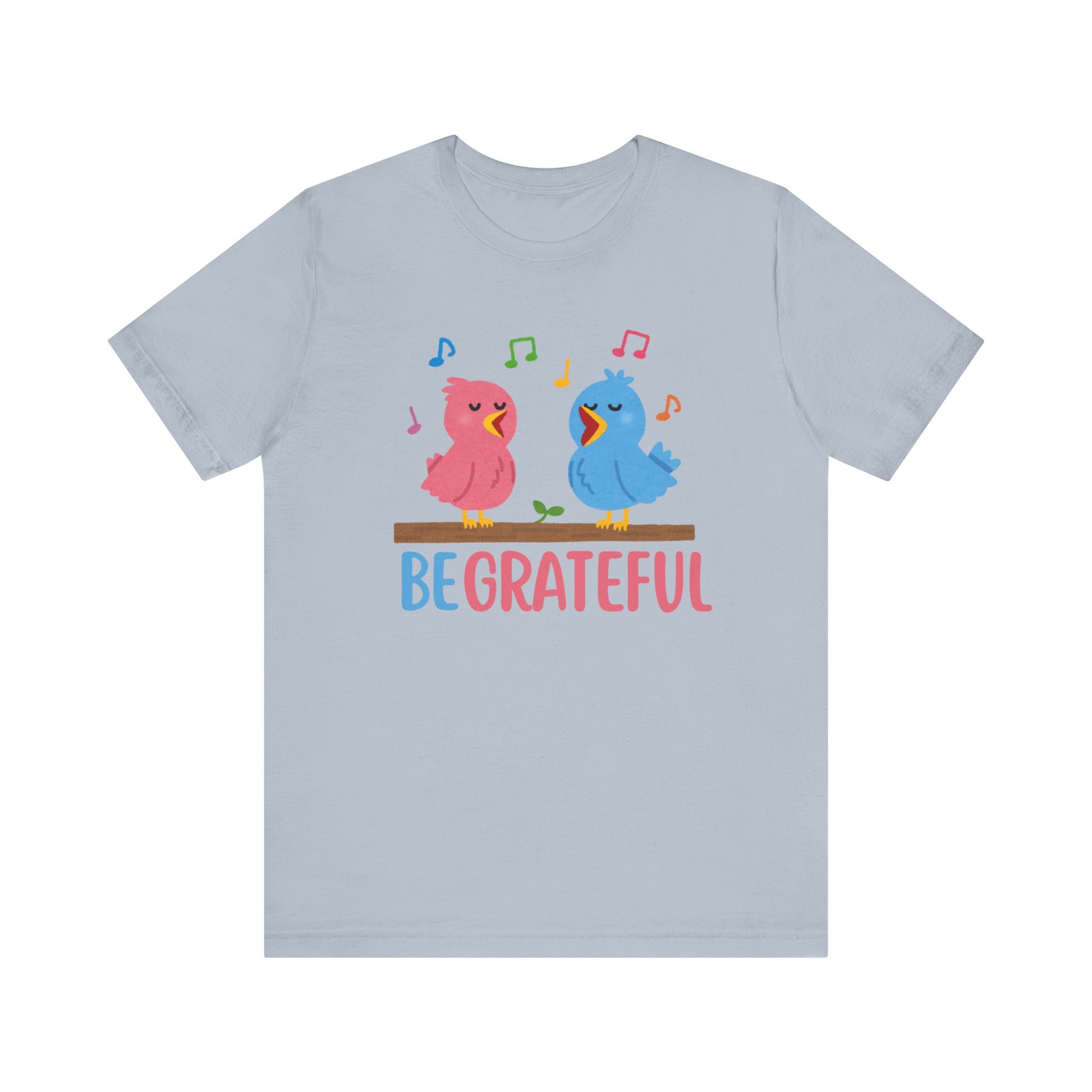 T-shirt with “Be Grateful” text and two bird illustrations – inspirational and nature-themed design for everyday wear.