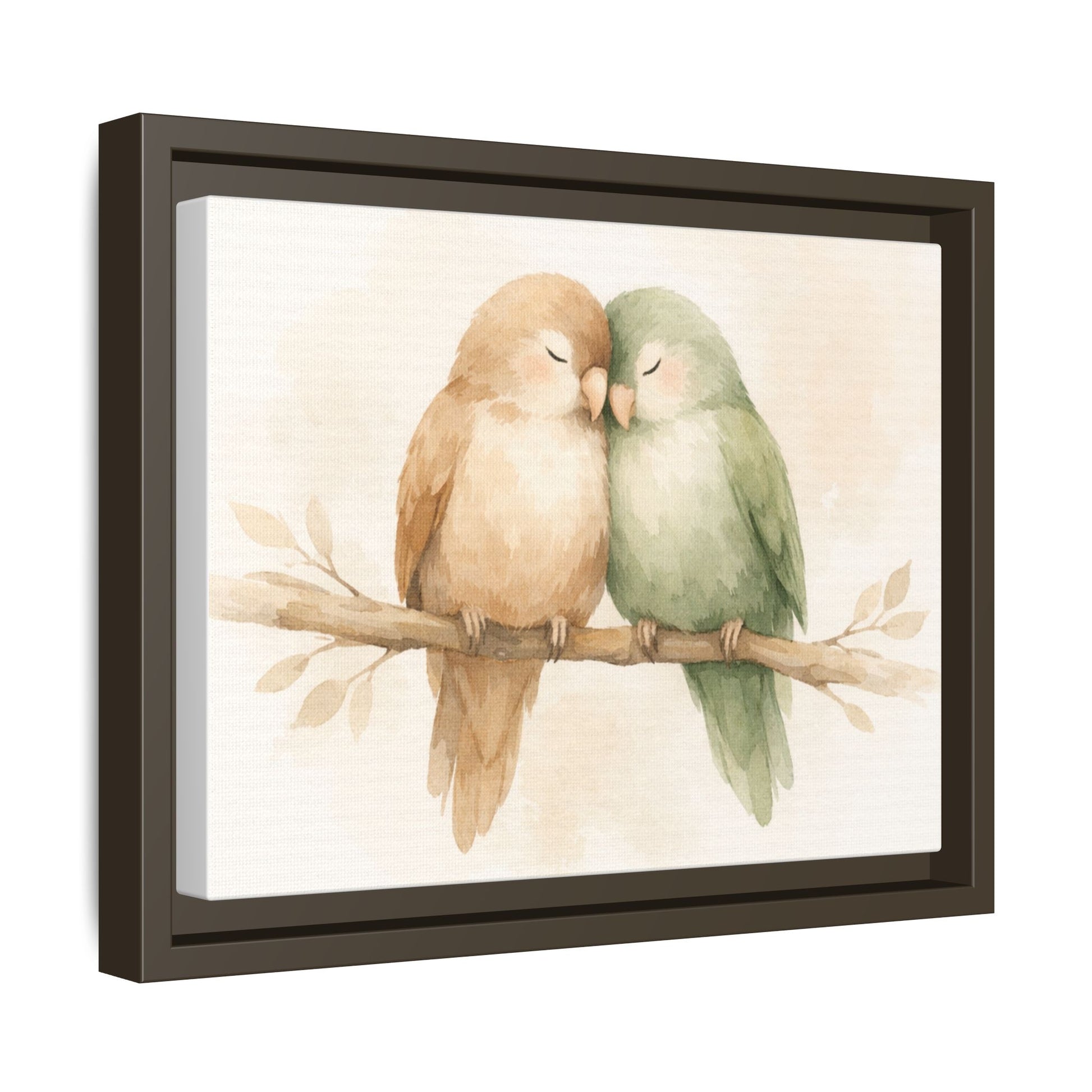 Framed artwork of two birds on a branch with a beige background
