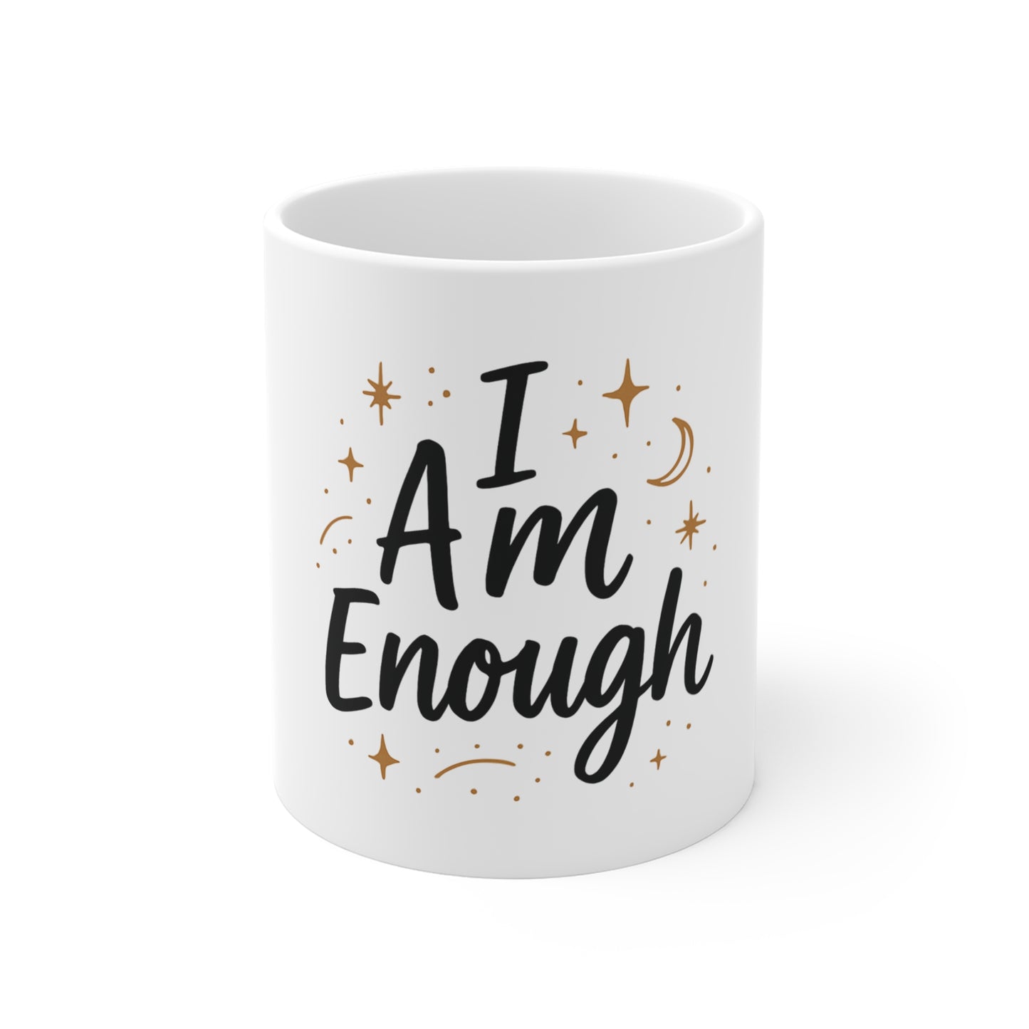 White mug with 'I Am Enough' text on a white background