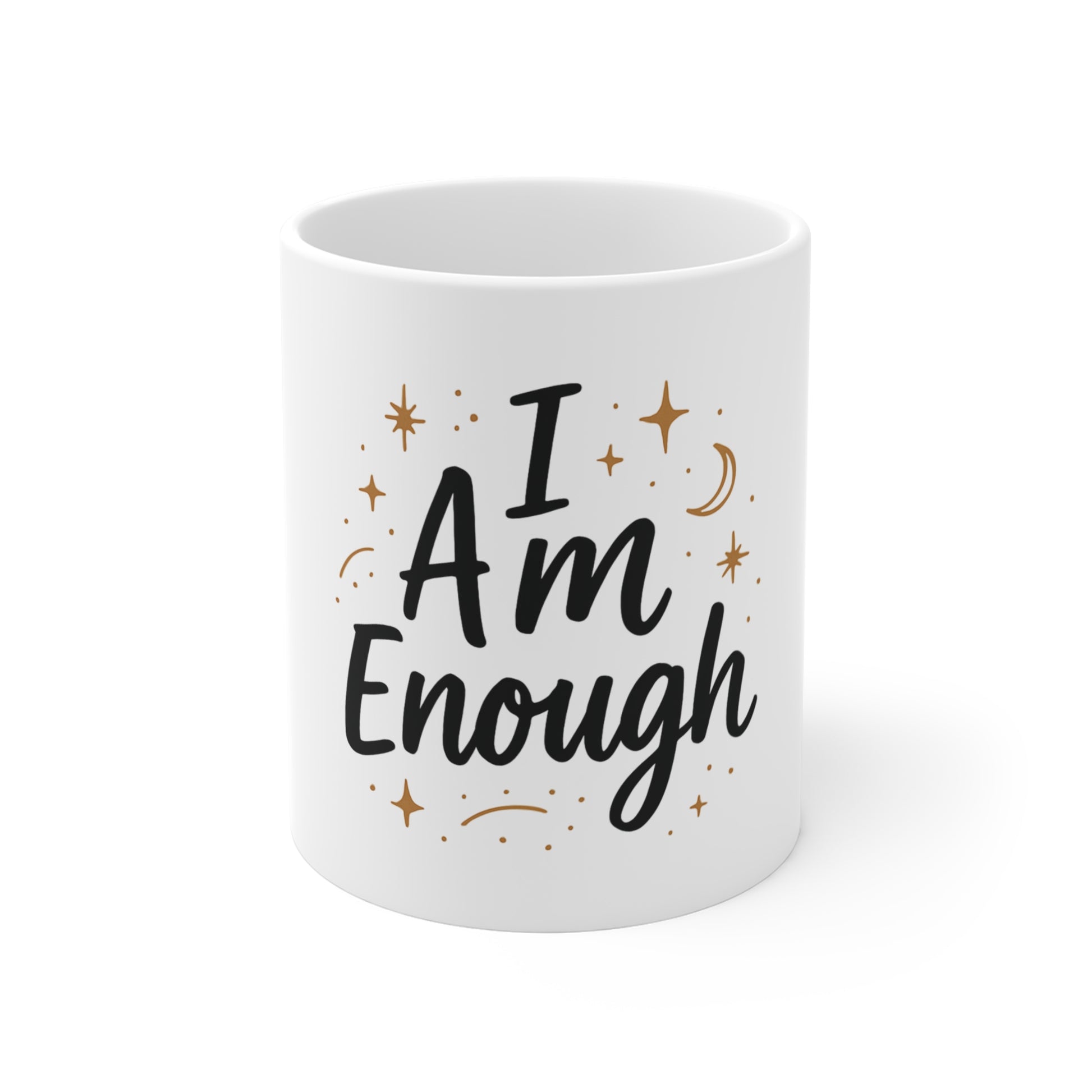 White mug with 'I Am Enough' text on a white background