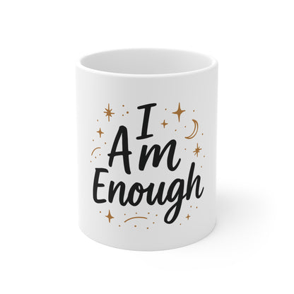 White mug with 'I Am Enough' text on a white background
