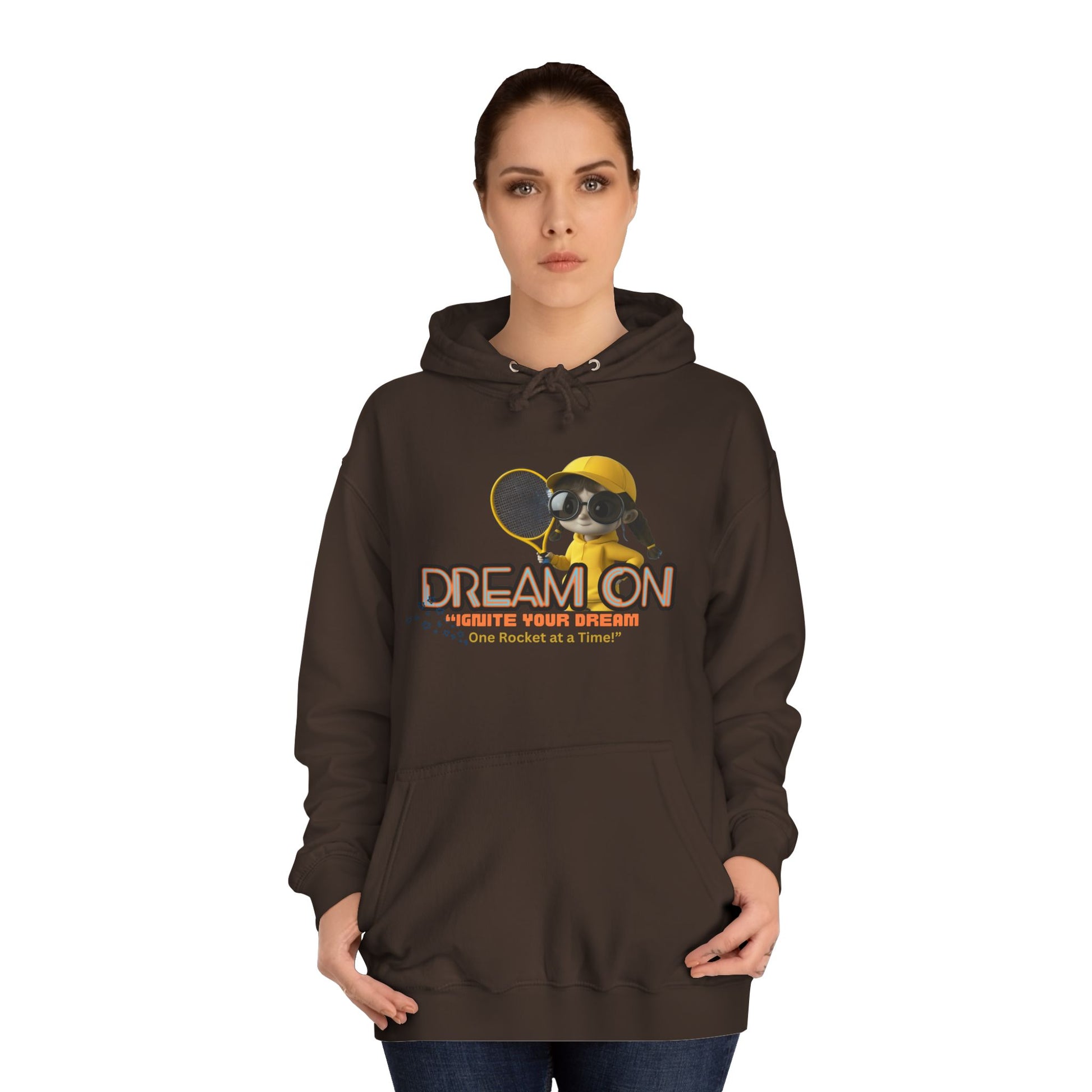Person wearing a brown hoodie with a graphic design