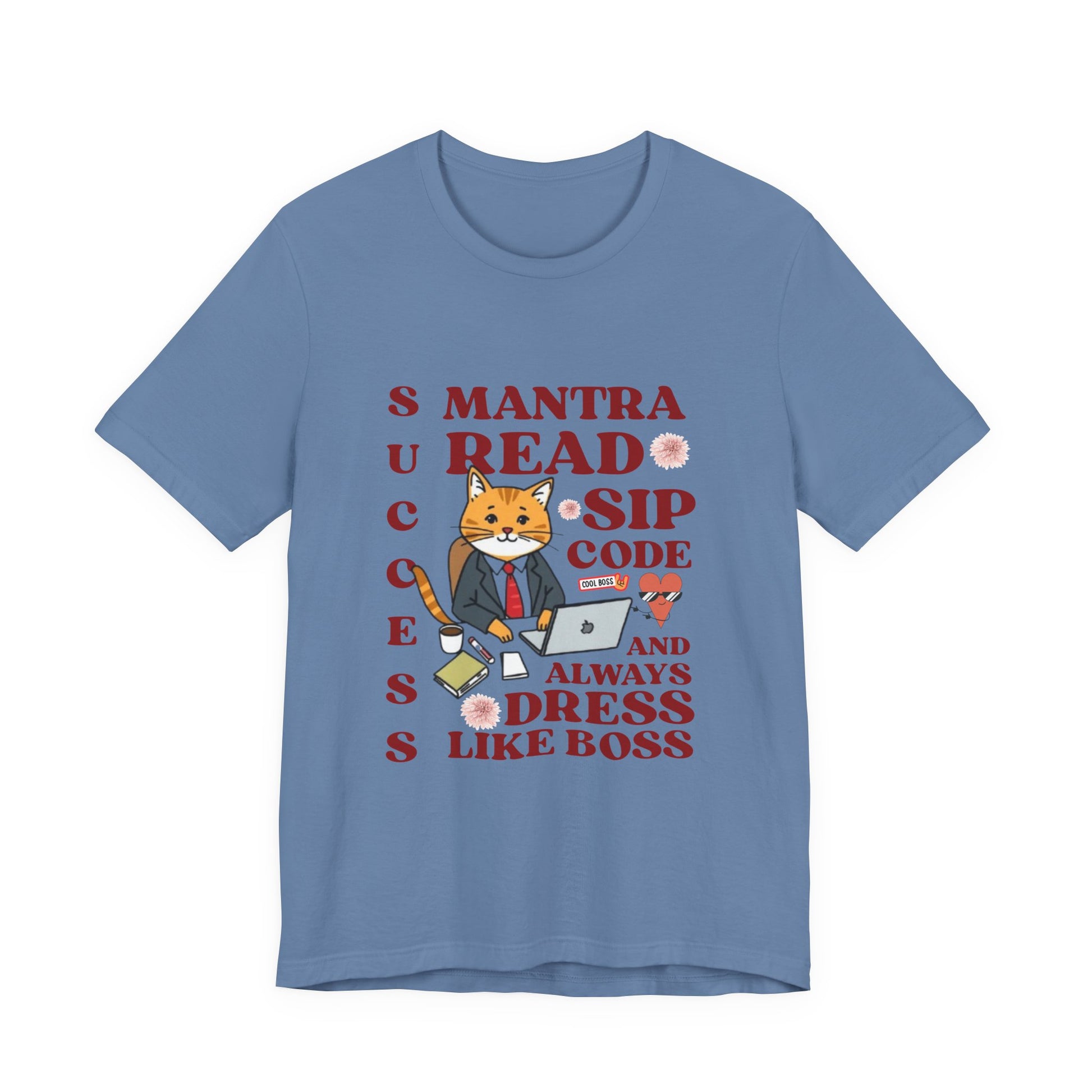 Blue t-shirt with a graphic of a cat in a suit and text on a white background

