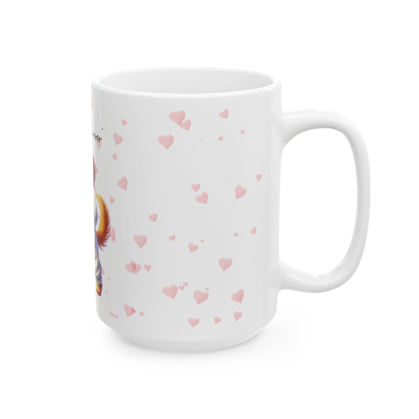 White mug with pink heart pattern on a white background