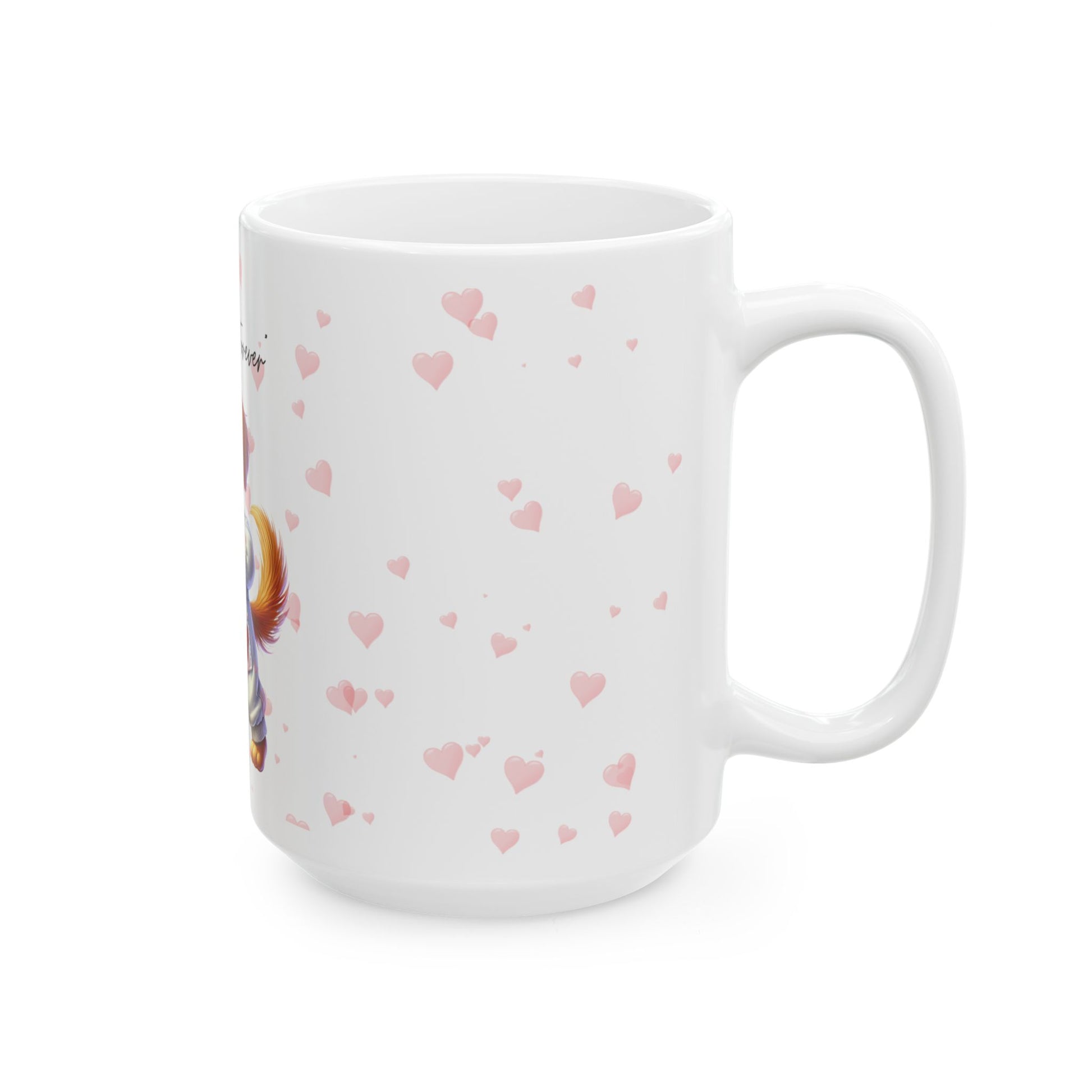 White mug with pink heart pattern on a white background