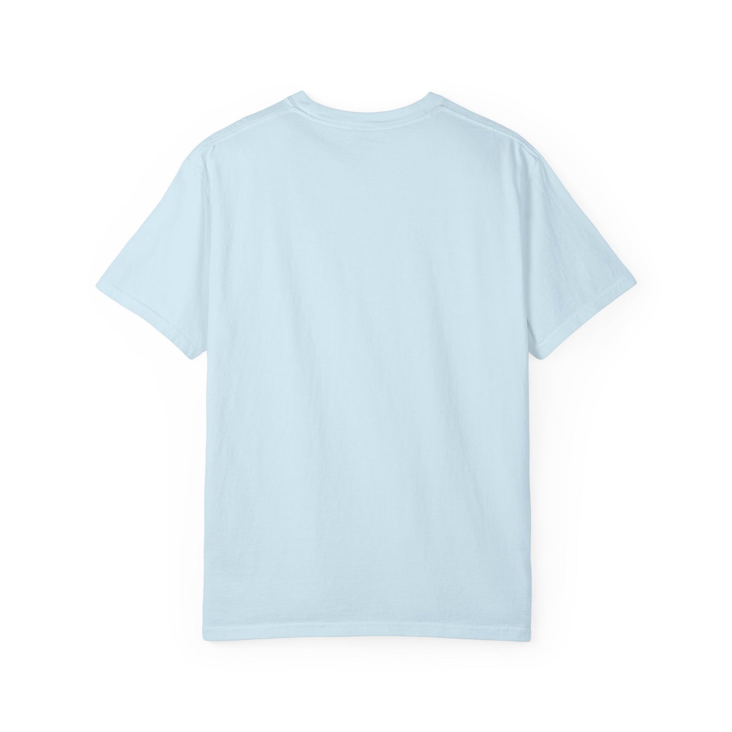 Rear view of plain back side garment-dyed t-shirt