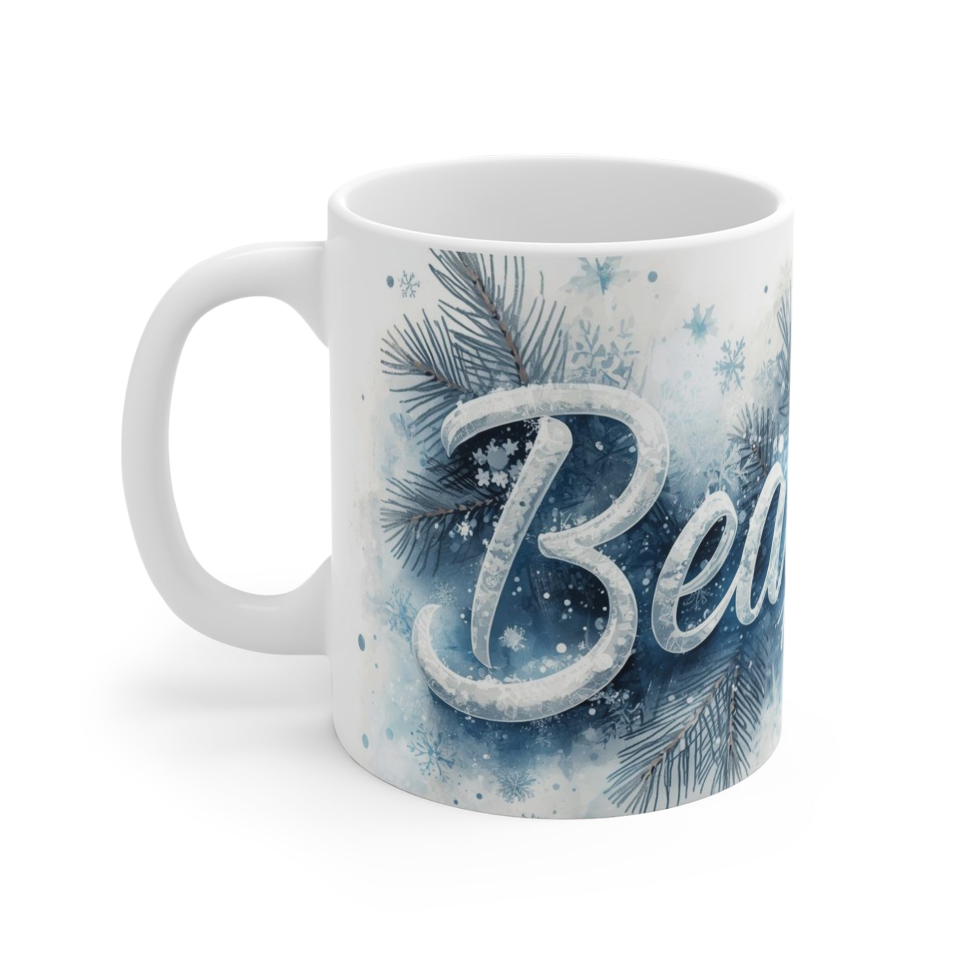 Mug with winter-themed design featuring the word 'Beautiful' and decorative elements on a white background