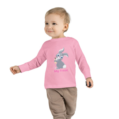 Child wearing a pink long-sleeve shirt with a cartoon character on a white background
