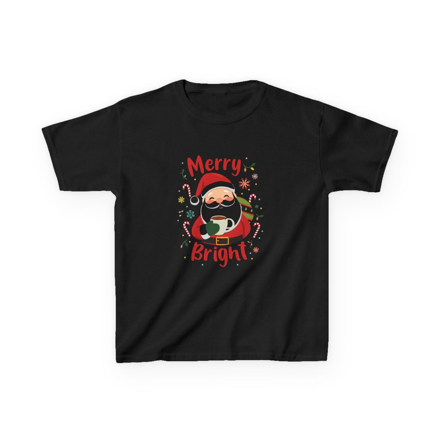 Black t-shirt with Santa Claus graphic and 'Merry Bright' text on a white background