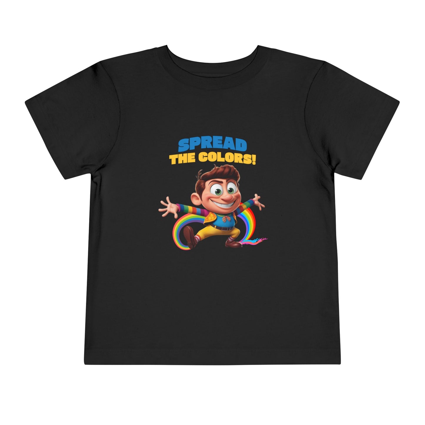 Cartoon boy jumping with rainbow trail and "Spread the Colors!" text on black T-shirt.


