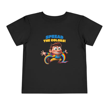 Cartoon boy jumping with rainbow trail and "Spread the Colors!" text on black T-shirt.

