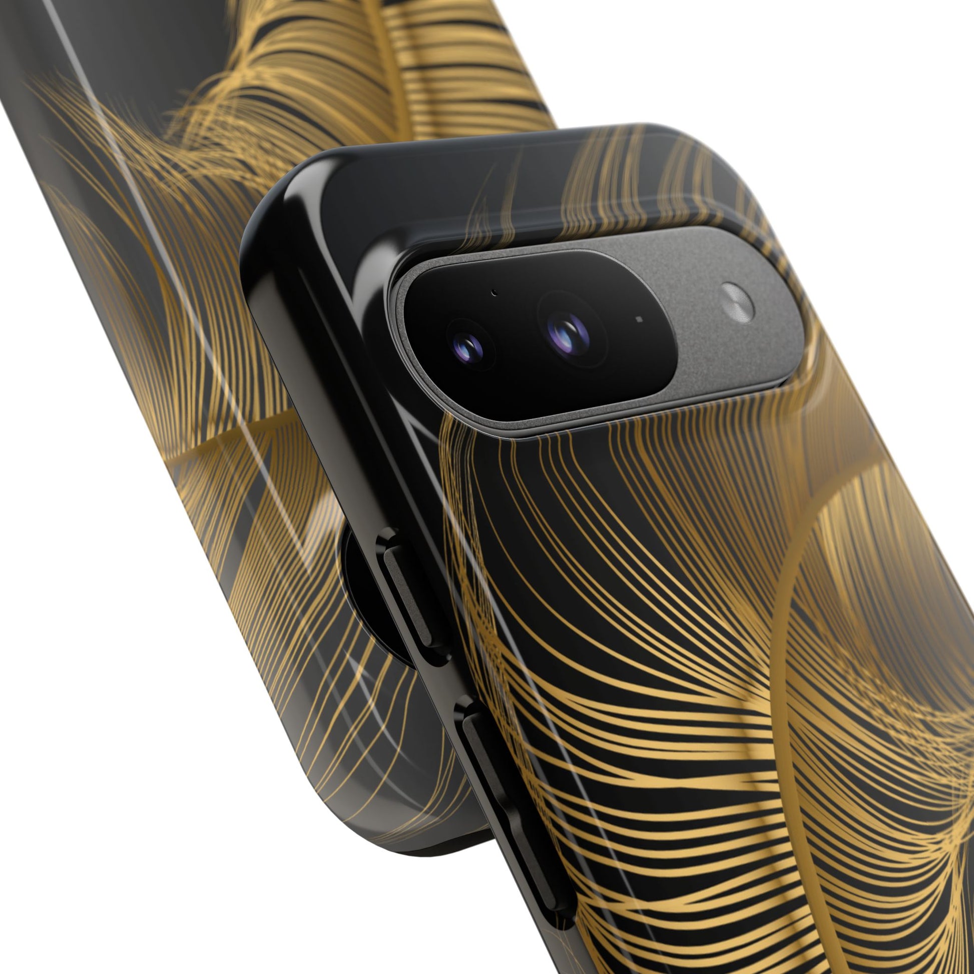 Phone case with gold feather design on black background
