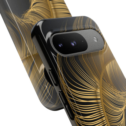 Phone case with gold feather design on black background