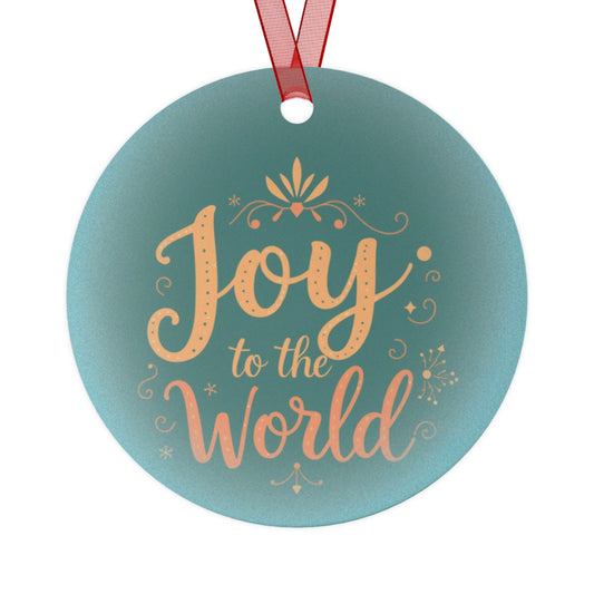 Decorative ornament with 'Joy to the World' text on a light blue background