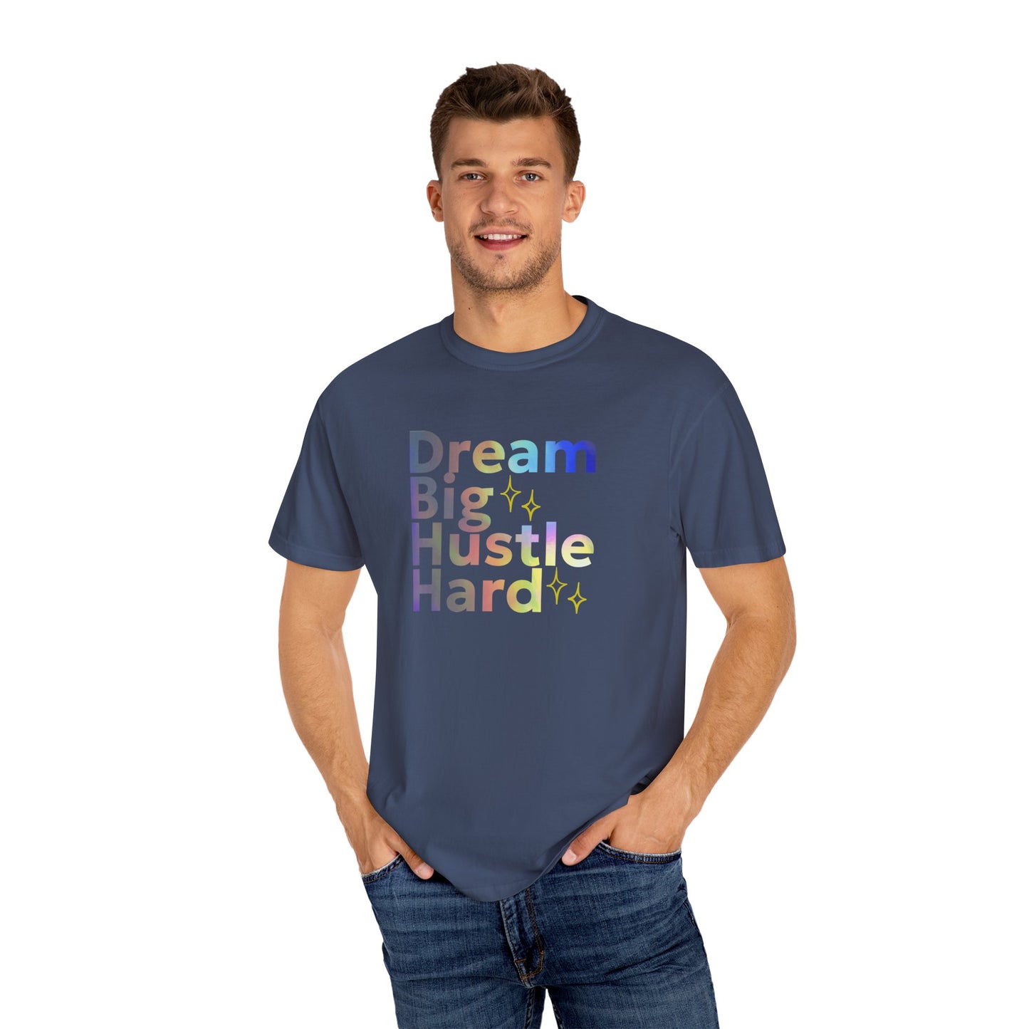 Man wearing a navy blue t-shirt with colorful text on a white background