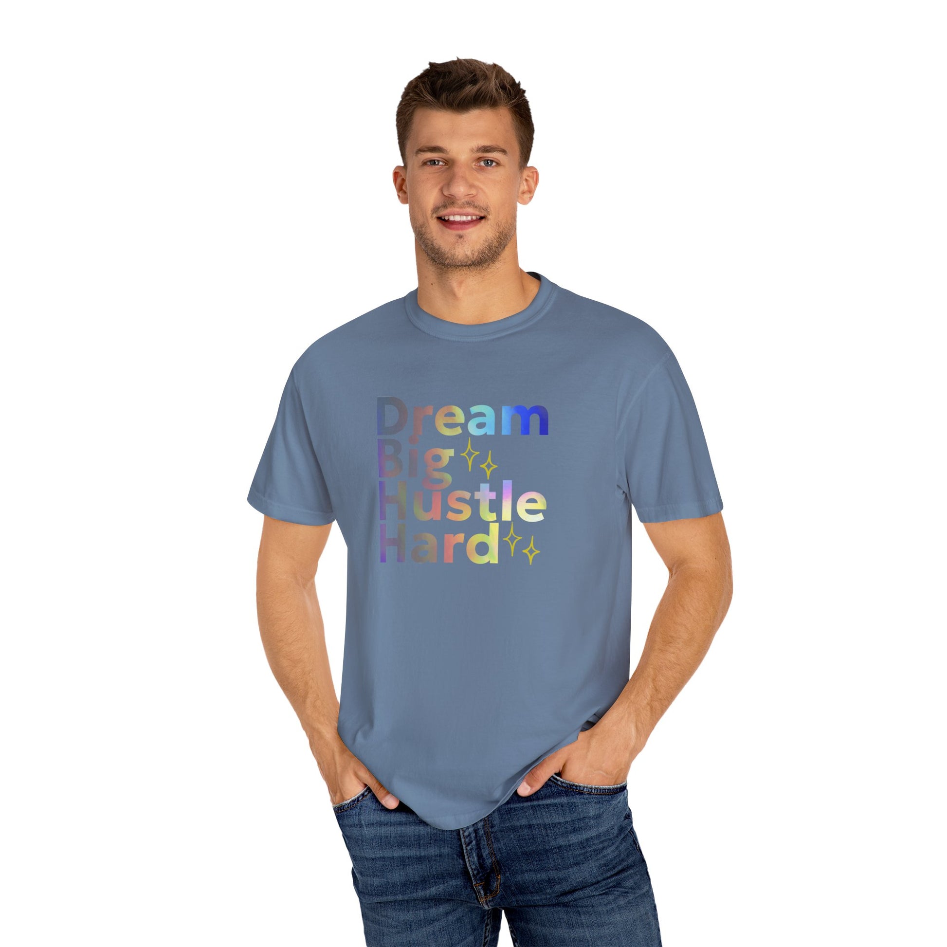 Man wearing a blue t-shirt with motivational text on a white background