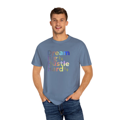 Man wearing a blue t-shirt with motivational text on a white background