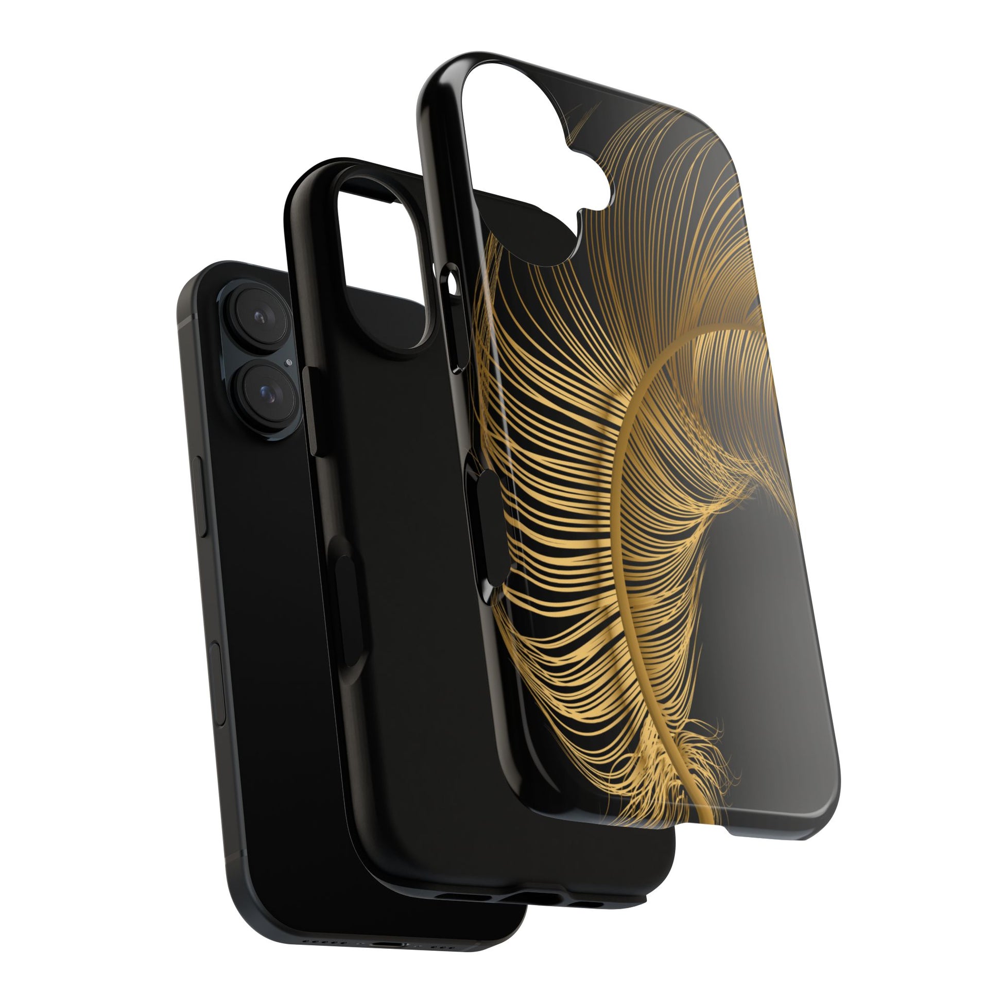 Phone case with gold feather design on black background