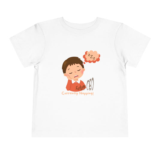 Toddler short sleeve t-shirt with sleeping child illustration and “Future CEO, Currently Napping” text