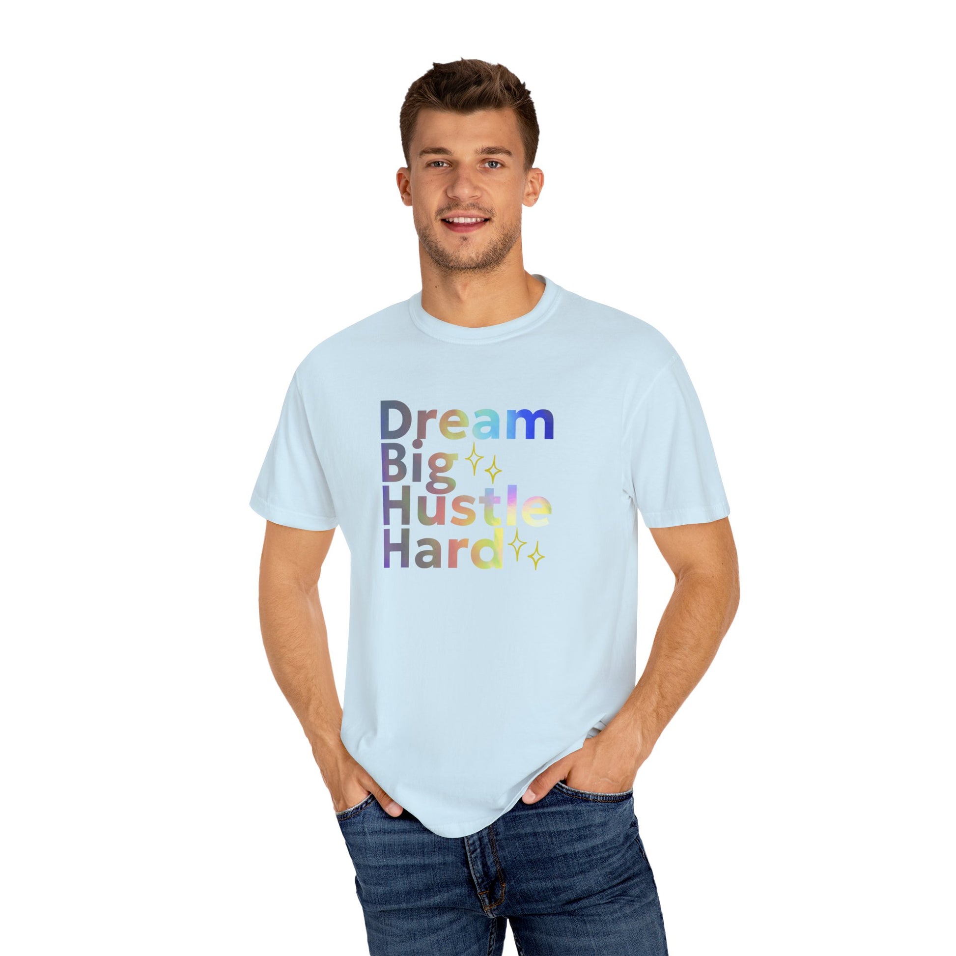Man wearing a light blue t-shirt with motivational text on a white background
