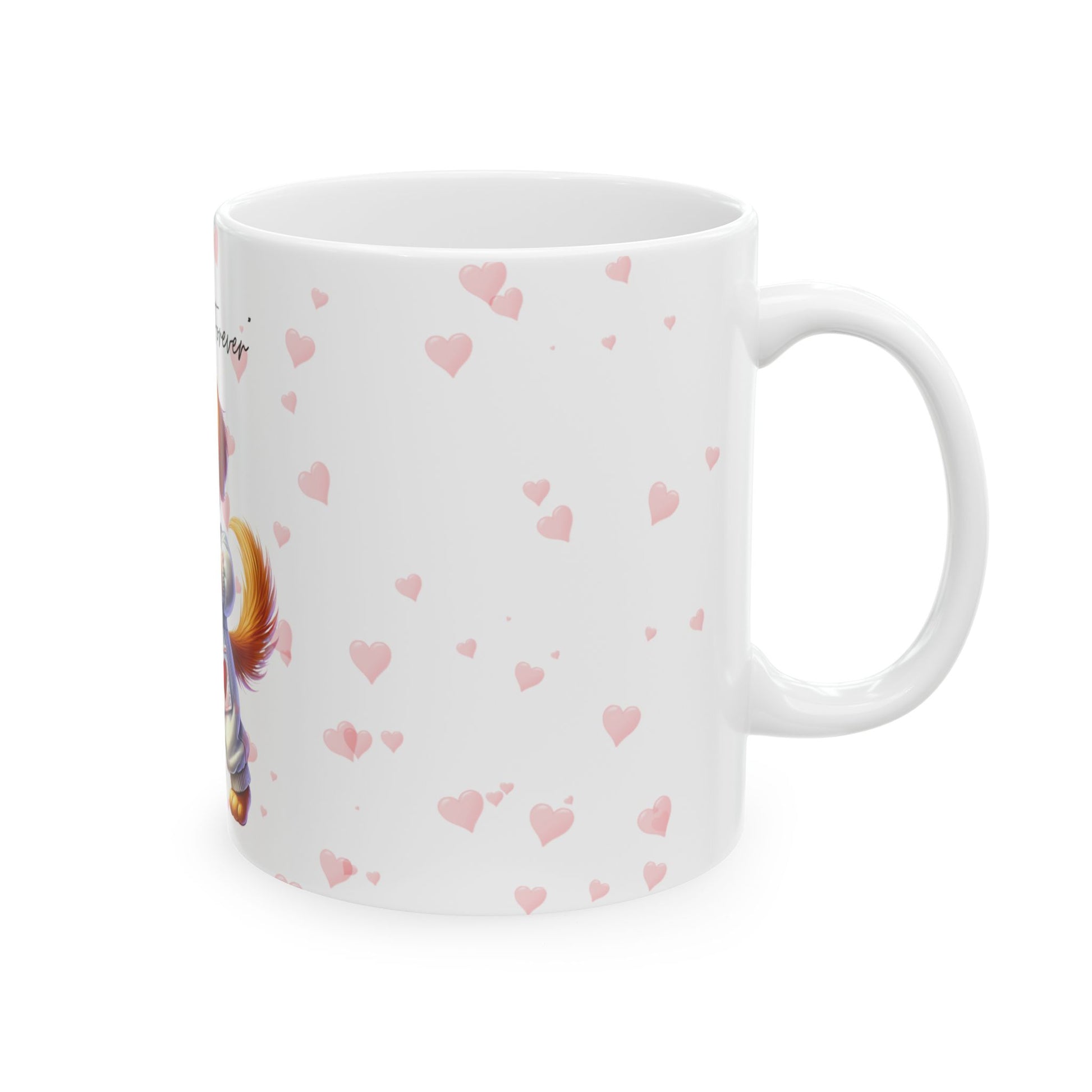 White mug with heart pattern and character design on a white background