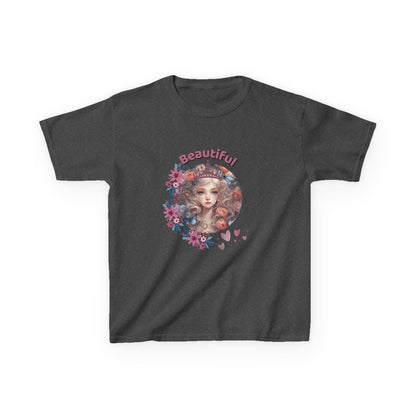 Dark gray t-shirt with a colorful graphic and 'Beautiful' text on a white background