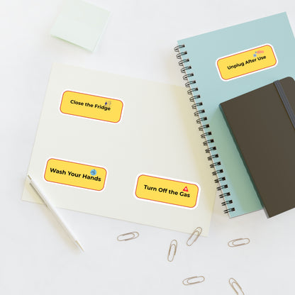 Notebooks with safety reminder stickers on a white surface