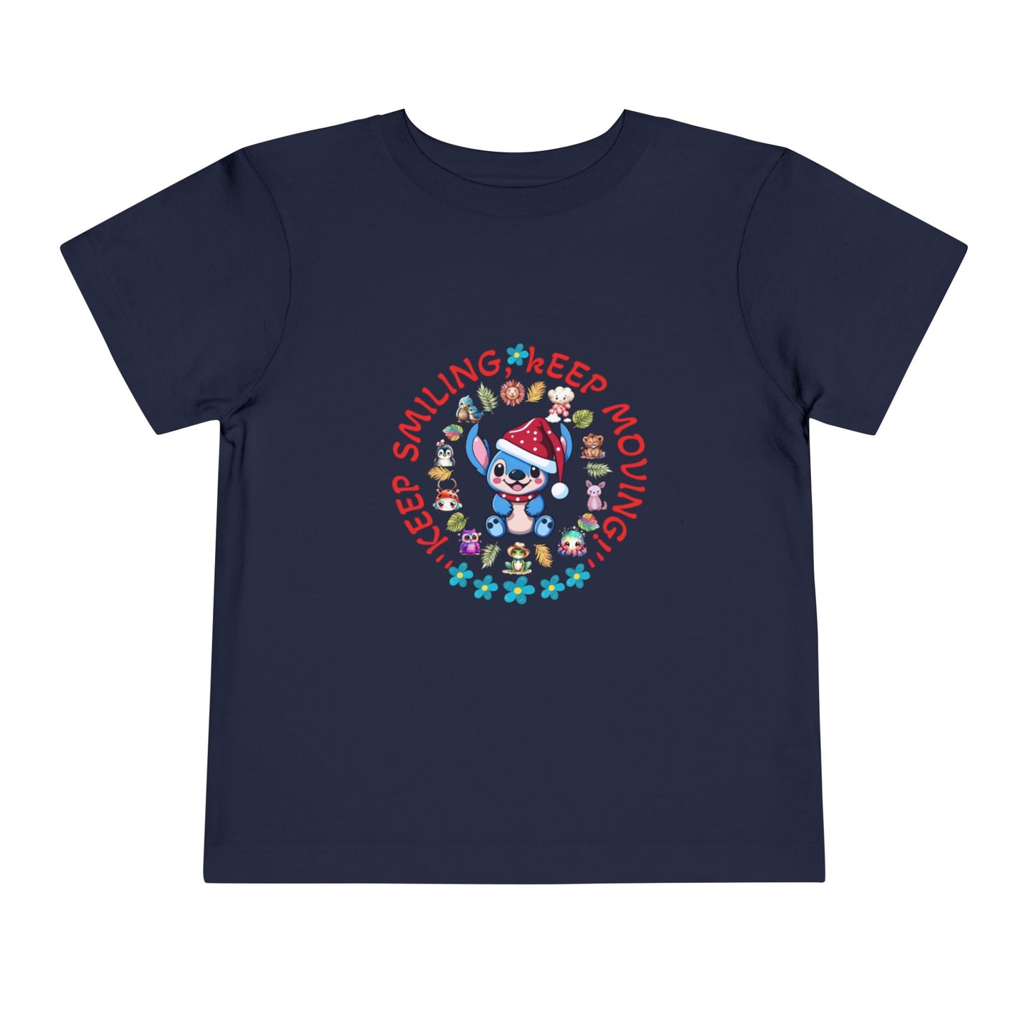 Toddler t-shirt with a cute dog illustration and motivational quote "Keep Smiling Keep Moving" printed in the center.