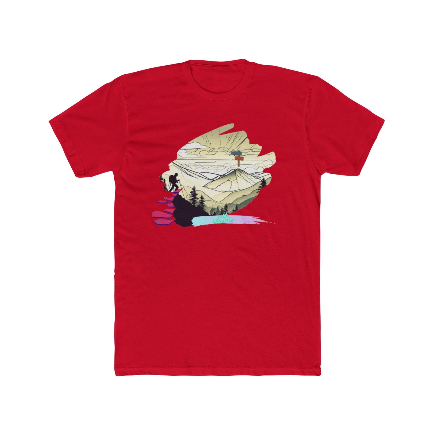 unisex Red t-shirt with mountain graphic on back against white background
