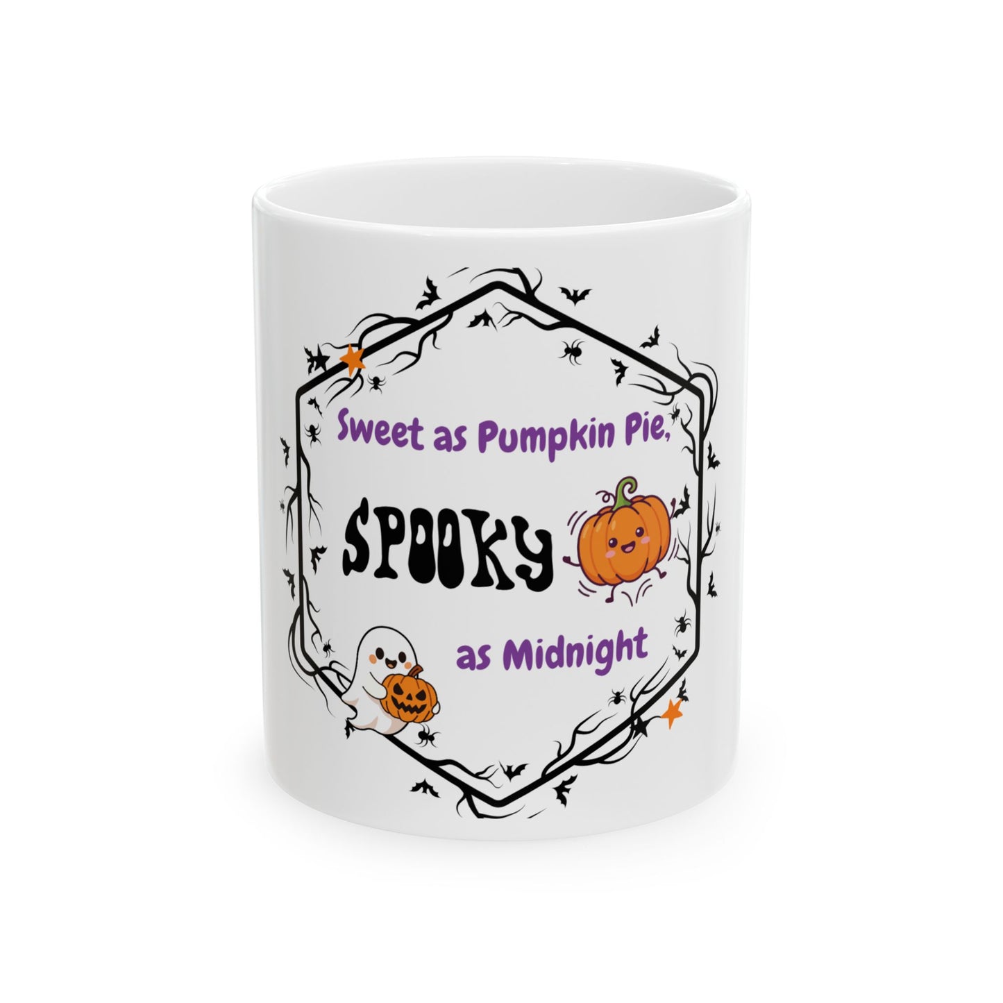 A white ceramic mug with a Halloween-themed graphic design. The design features a black hexagonal frame with bats and spiderwebs, containing the text 'Sweet as Pumpkin Pie', 'SPOOKY', and 'as Midnight' in purple and black fonts, accompanied by illustrations of pumpkins.