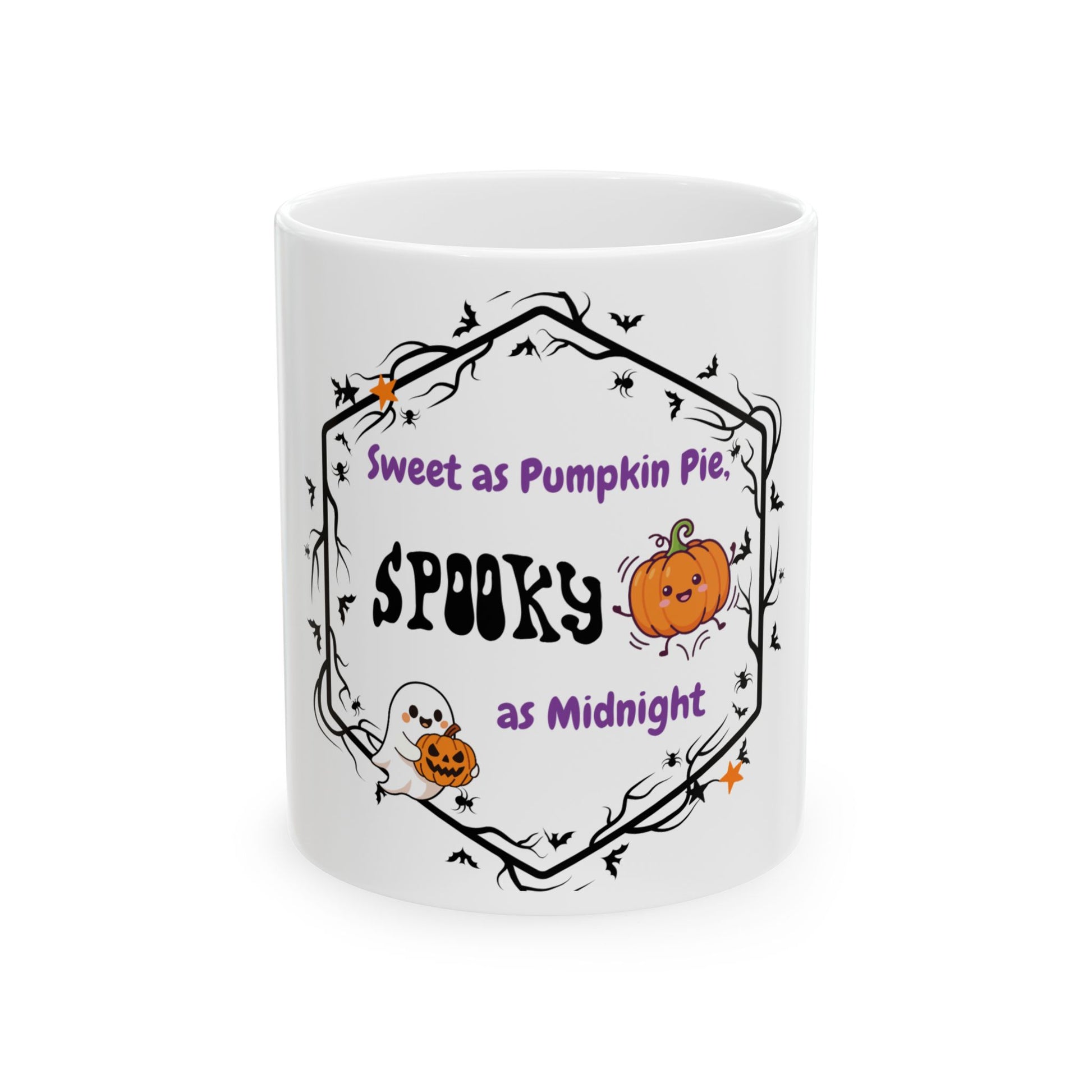 A white ceramic mug with a Halloween-themed graphic design. The design features a black hexagonal frame with bats and spiderwebs, containing the text 'Sweet as Pumpkin Pie', 'SPOOKY', and 'as Midnight' in purple and black fonts, accompanied by illustrations of pumpkins.