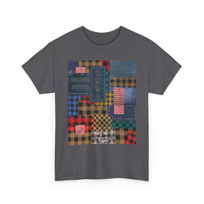 Gray t-shirt with a colorful patchwork design on a white background