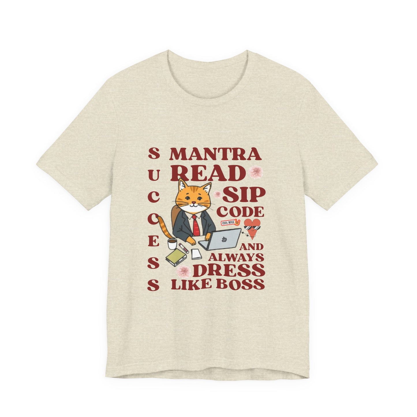 Beige t-shirt with a graphic of a cat in a suit and text on a white background