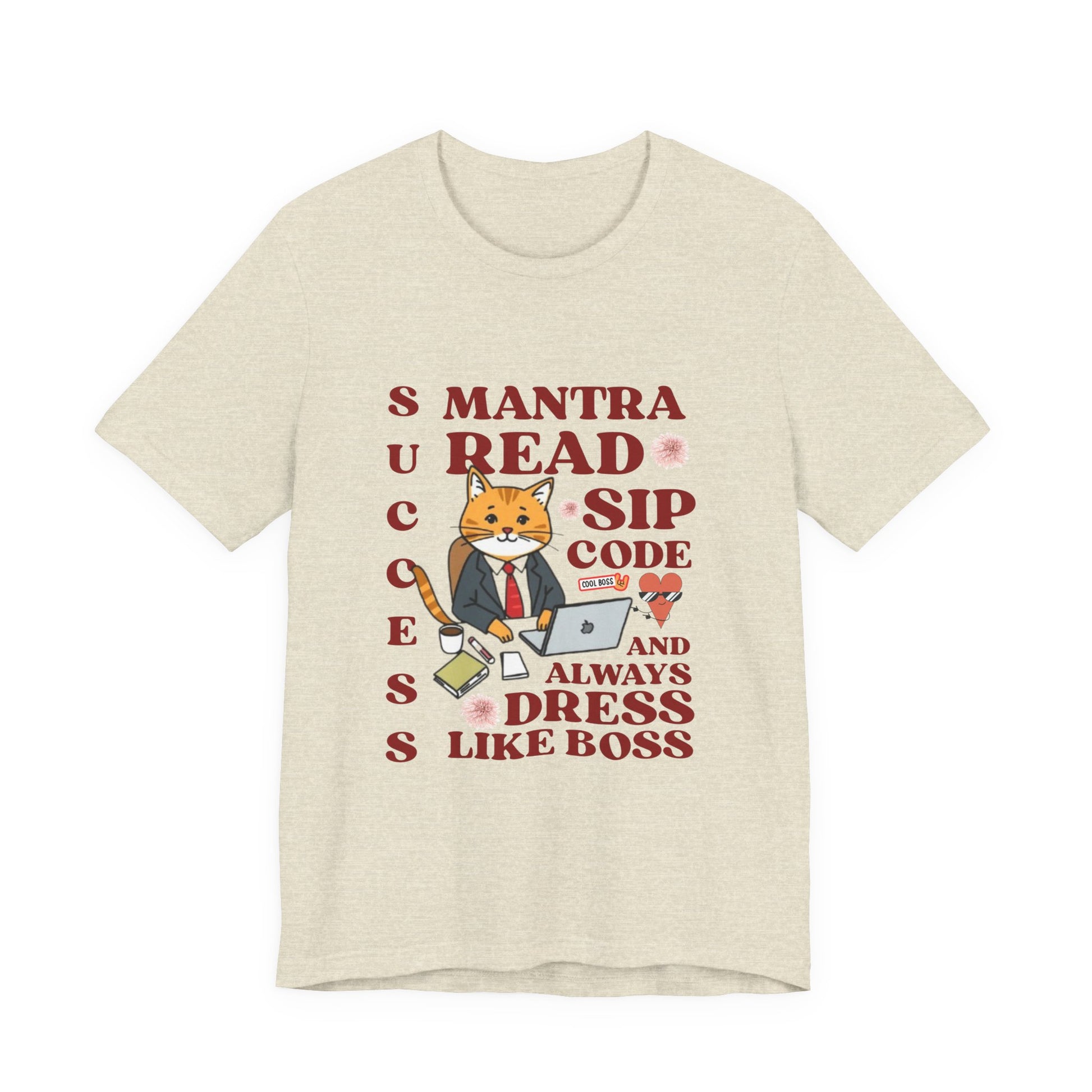 Beige t-shirt with a graphic of a cat in a suit and text on a white background
