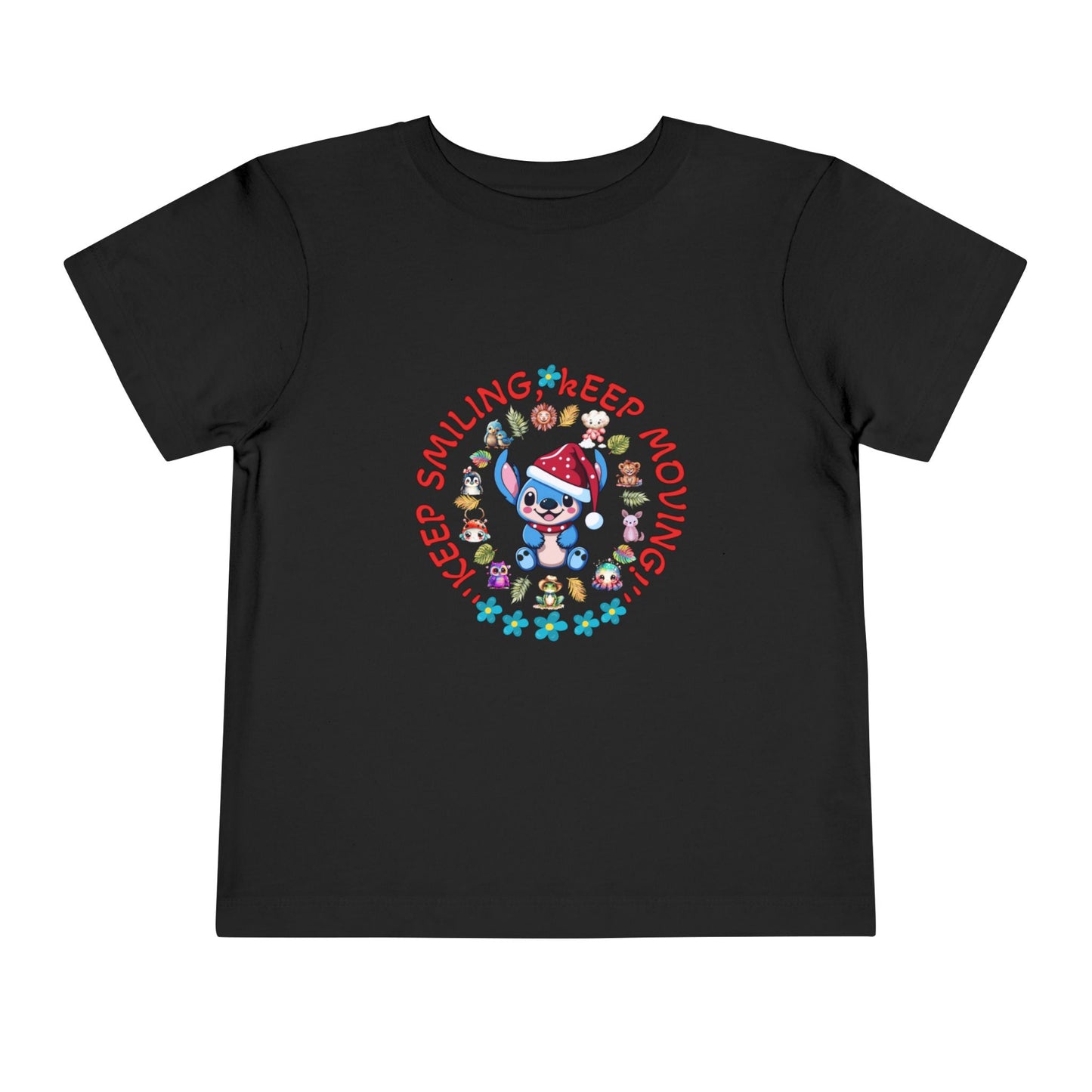 Toddler t-shirt with a cute dog illustration and motivational quote "Keep Smiling Keep Moving" printed in the center.