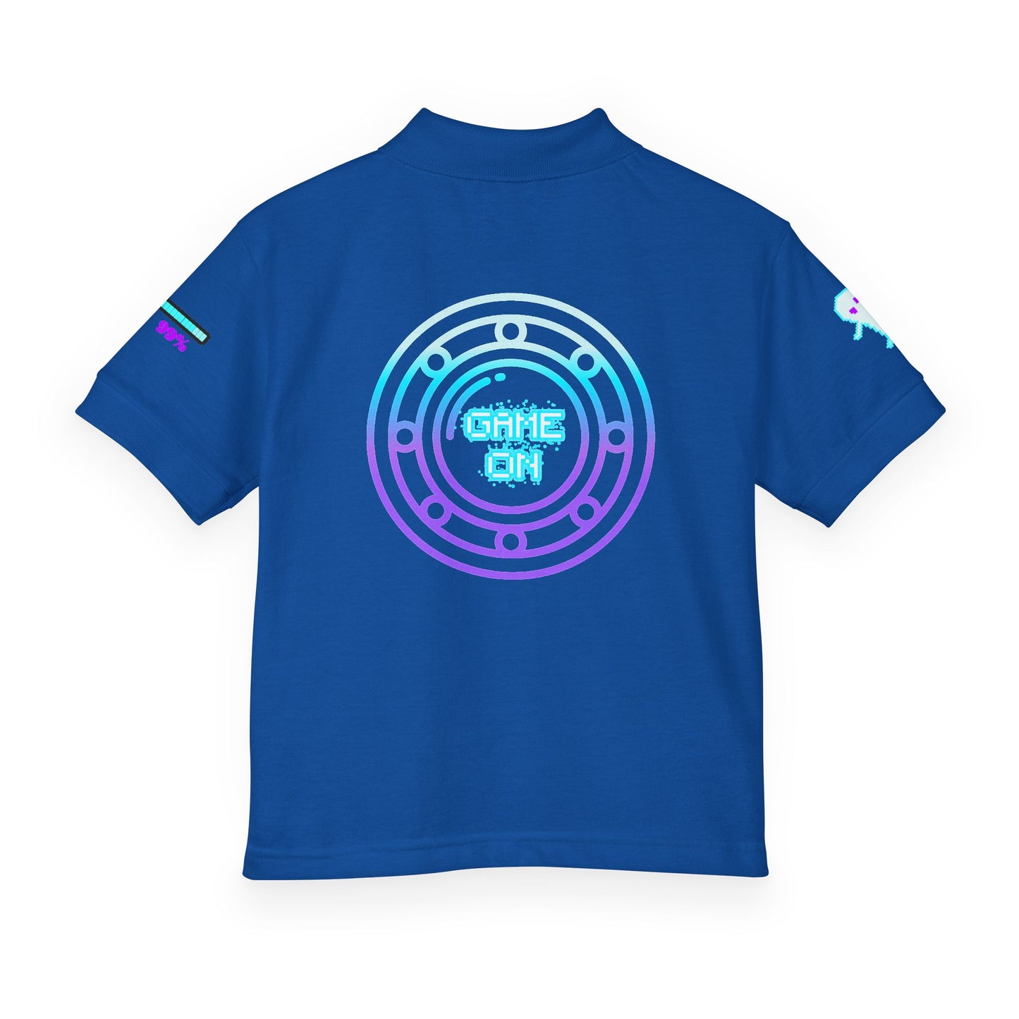 A royal blue short-sleeve t-shirt shown from the back, featuring a large circular 'GAME ON' graphic in a cyan-to-purple gradient on the center back, with smaller matching graphics on both sleeves.