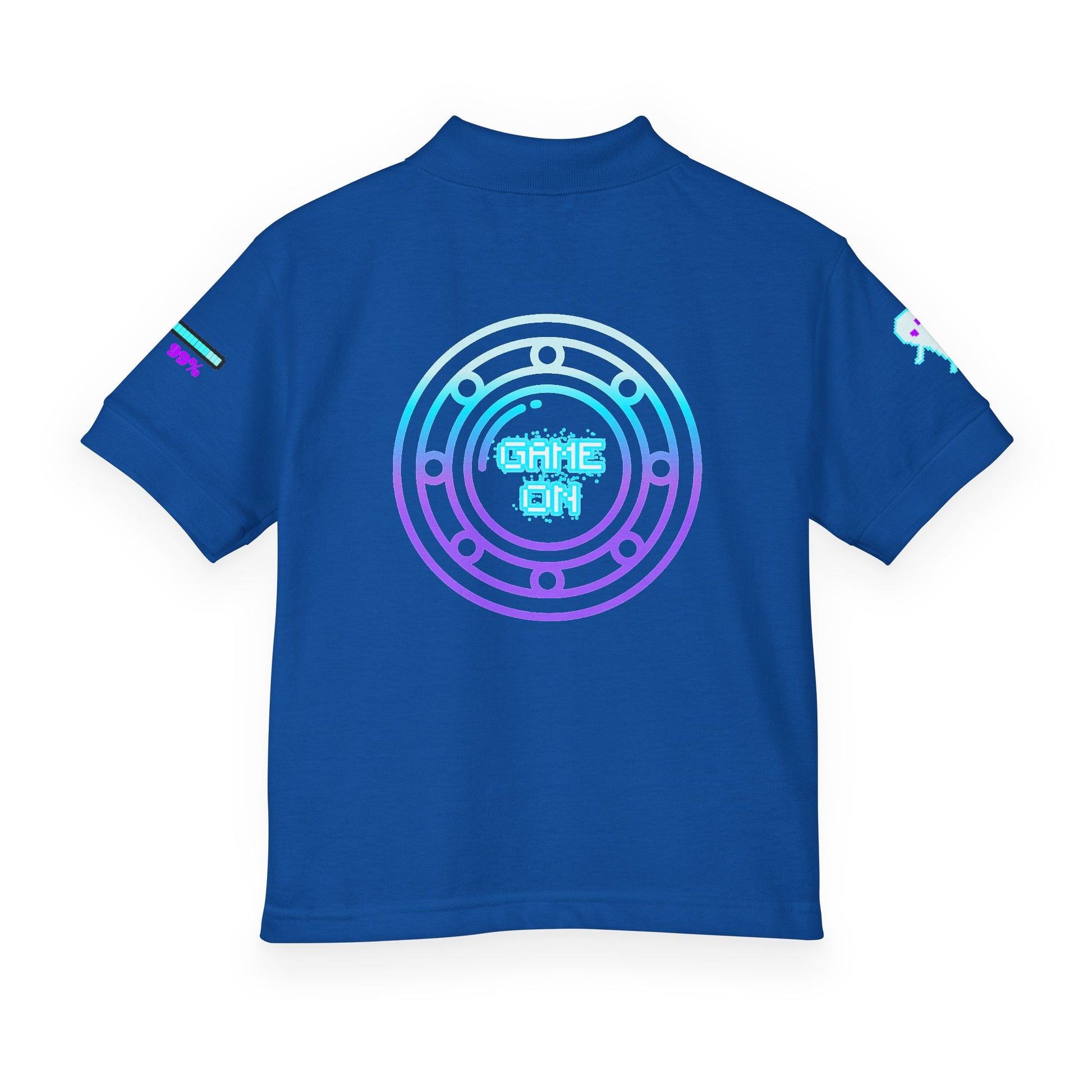 A royal blue short-sleeve t-shirt shown from the back, featuring a large circular 'GAME ON' graphic in a cyan-to-purple gradient on the center back, with smaller matching graphics on both sleeves.