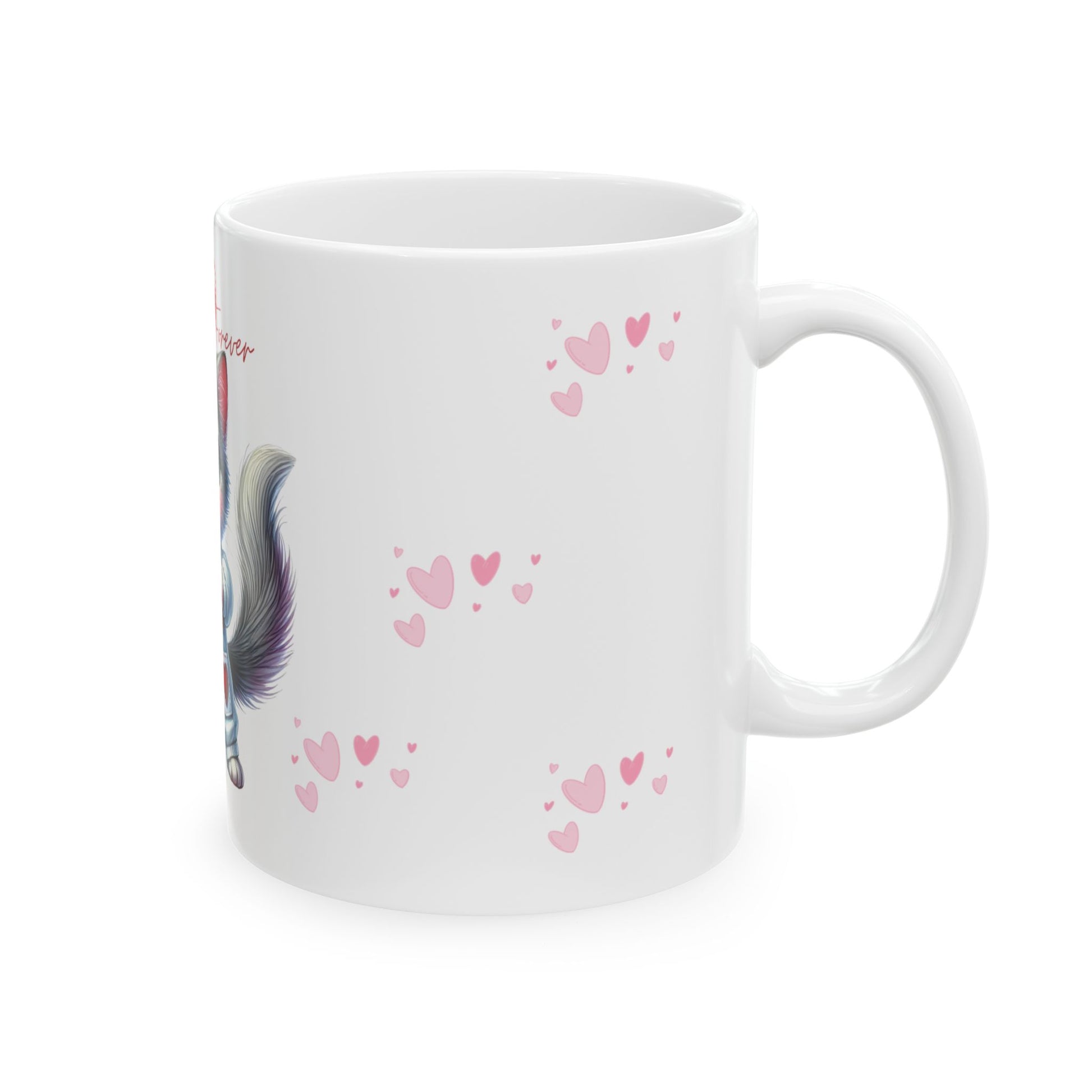White mug with a horse and heart designs on a white background