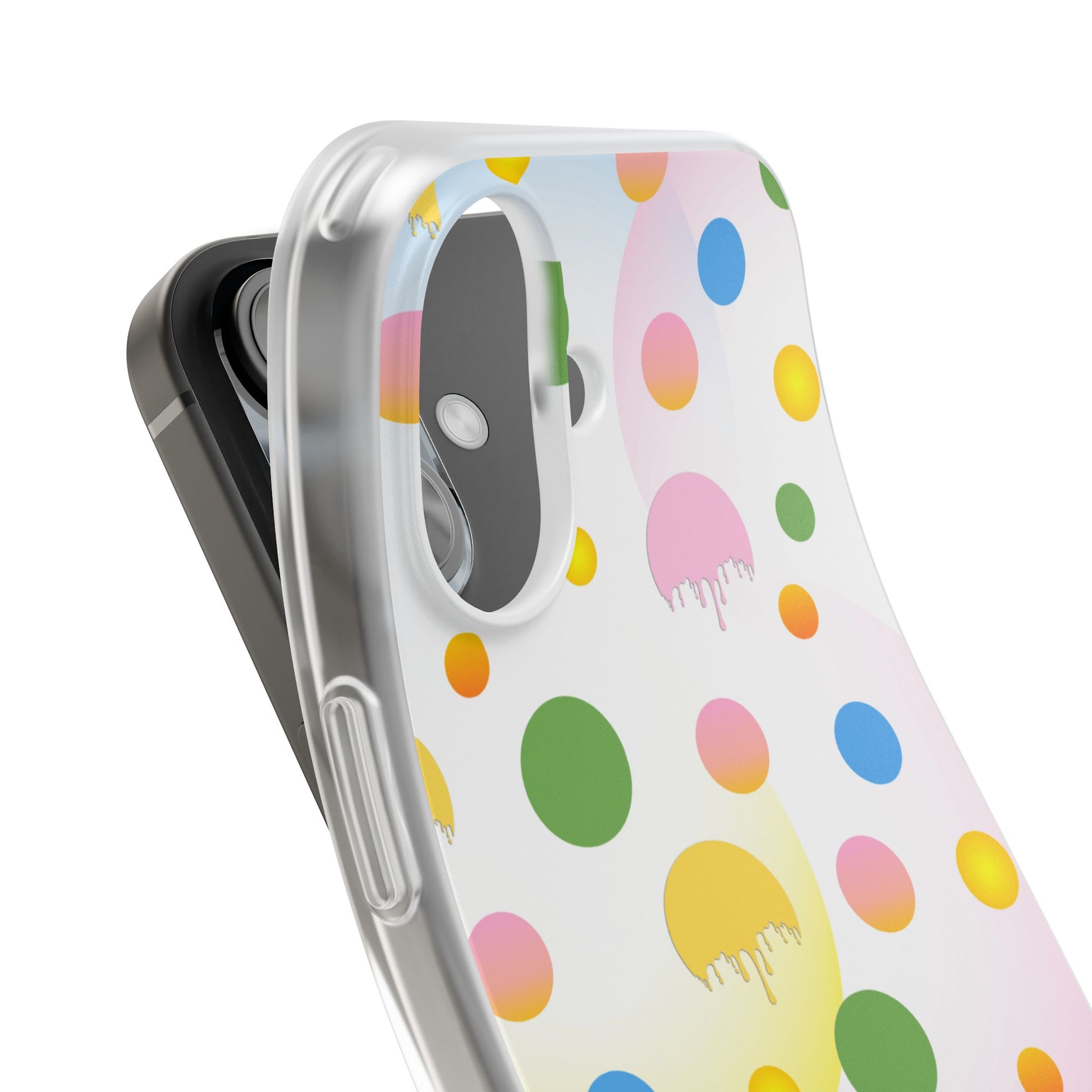 Phone case with colorful polka dot pattern on a white background