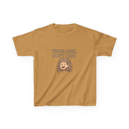 Mustard yellow t-shirt with 'Tinsel Hair, Don't Care' text and cartoon character on a white background