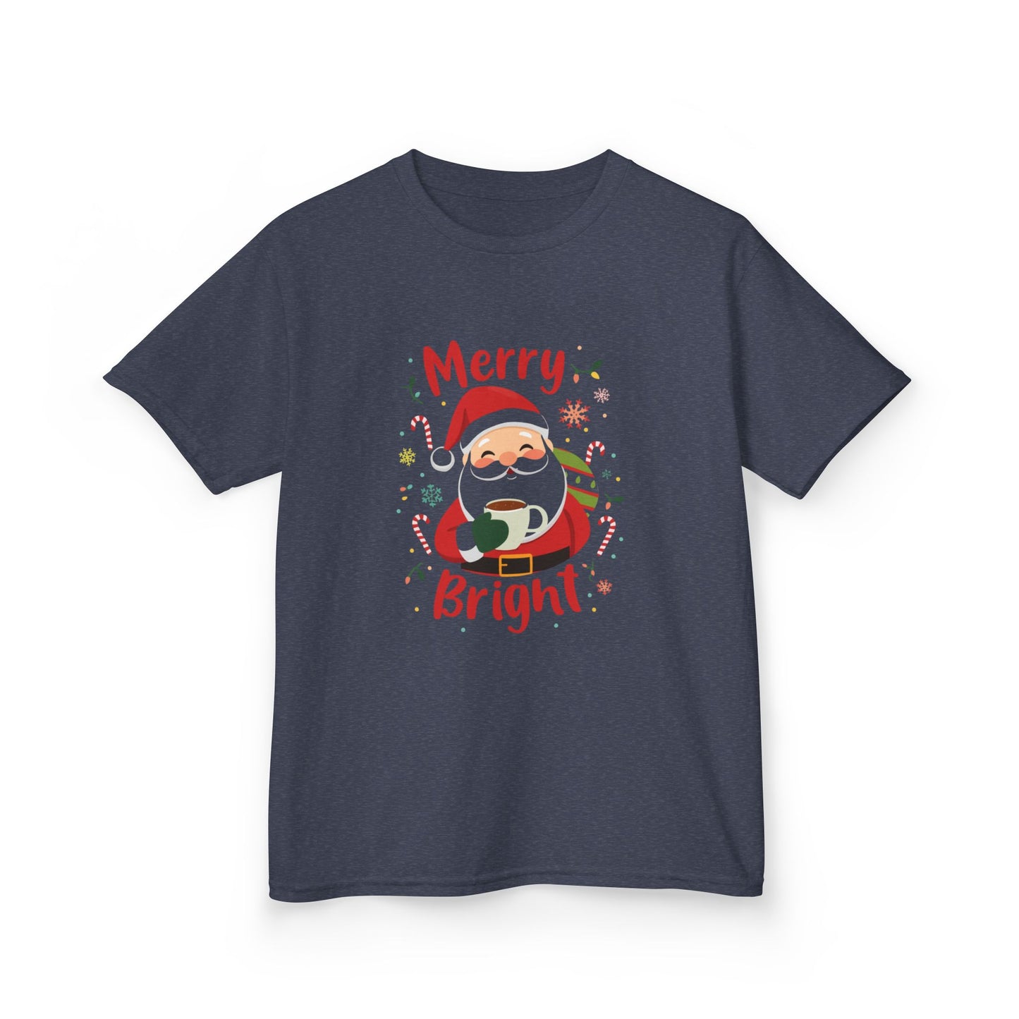 Navy blue t-shirt with Santa Claus graphic and 'Merry Bright' text on a white background