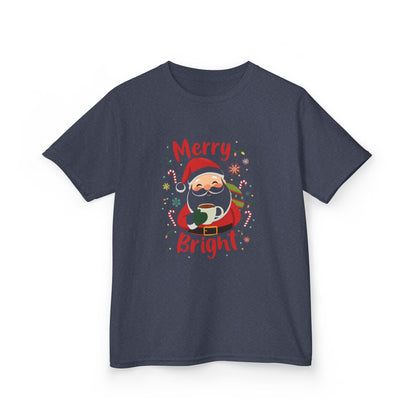 Navy blue t-shirt with Santa Claus graphic and 'Merry Bright' text on a white background