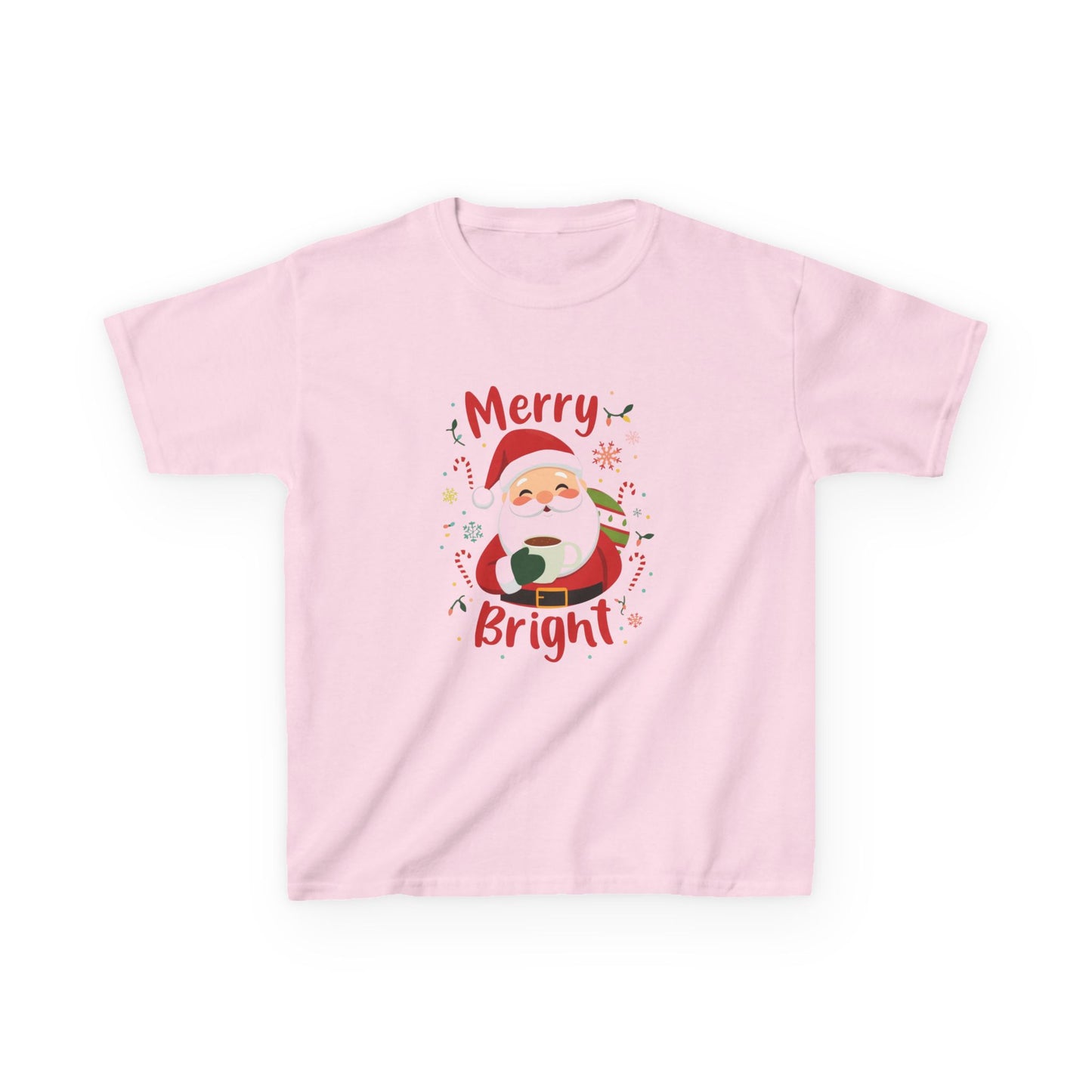 Pink t-shirt with Santa Claus graphic and 'Merry Bright' text on a white background