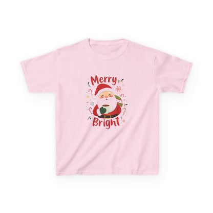 Pink t-shirt with Santa Claus graphic and 'Merry Bright' text on a white background
