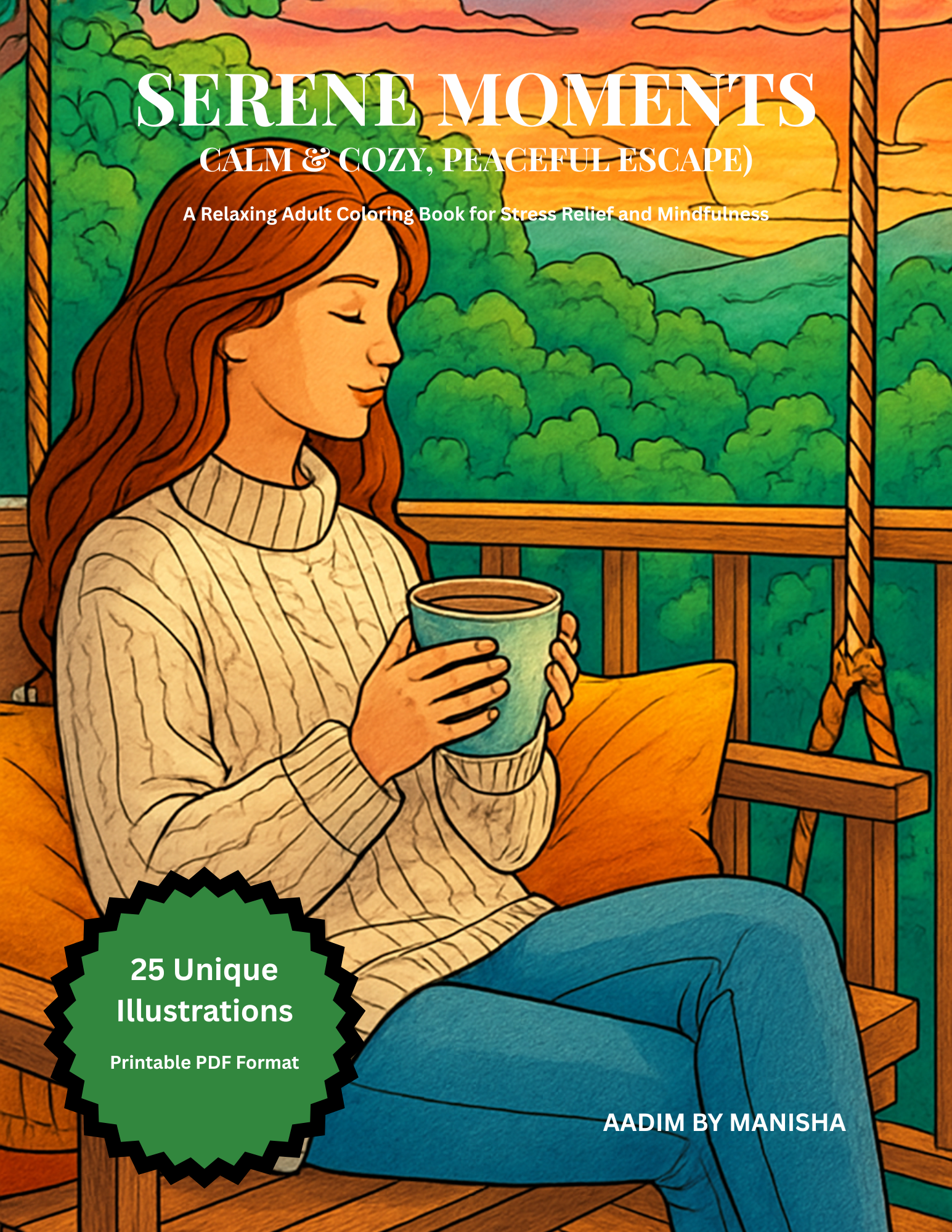 Illustrated book cover for 'Serene Moments: Calm & Cozy, Peaceful Escape' by Aadim by Manisha, showing a woman sitting on a porch swing holding a mug, with a green badge noting 25 unique illustrations in printable PDF format.