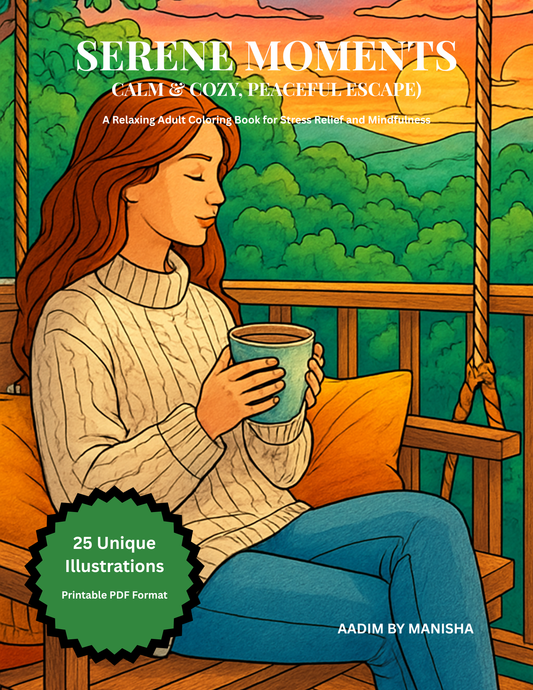 Illustrated book cover for 'Serene Moments: Calm & Cozy, Peaceful Escape' by Aadim by Manisha, showing a woman sitting on a porch swing holding a mug, with a green badge noting 25 unique illustrations in printable PDF format.