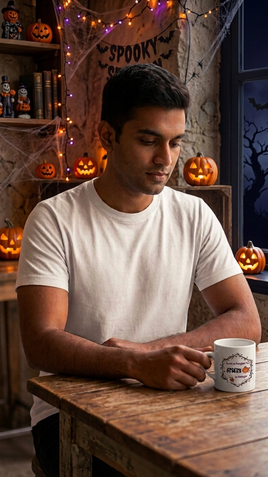 A man in a white t-shirt sits at a rustic wooden table holding a white ceramic mug with a 'Proud Father' Halloween graphic. The background is a cozy, spooky Halloween-themed room decorated with jack-o'-lanterns, cobwebs, and fairy lights.